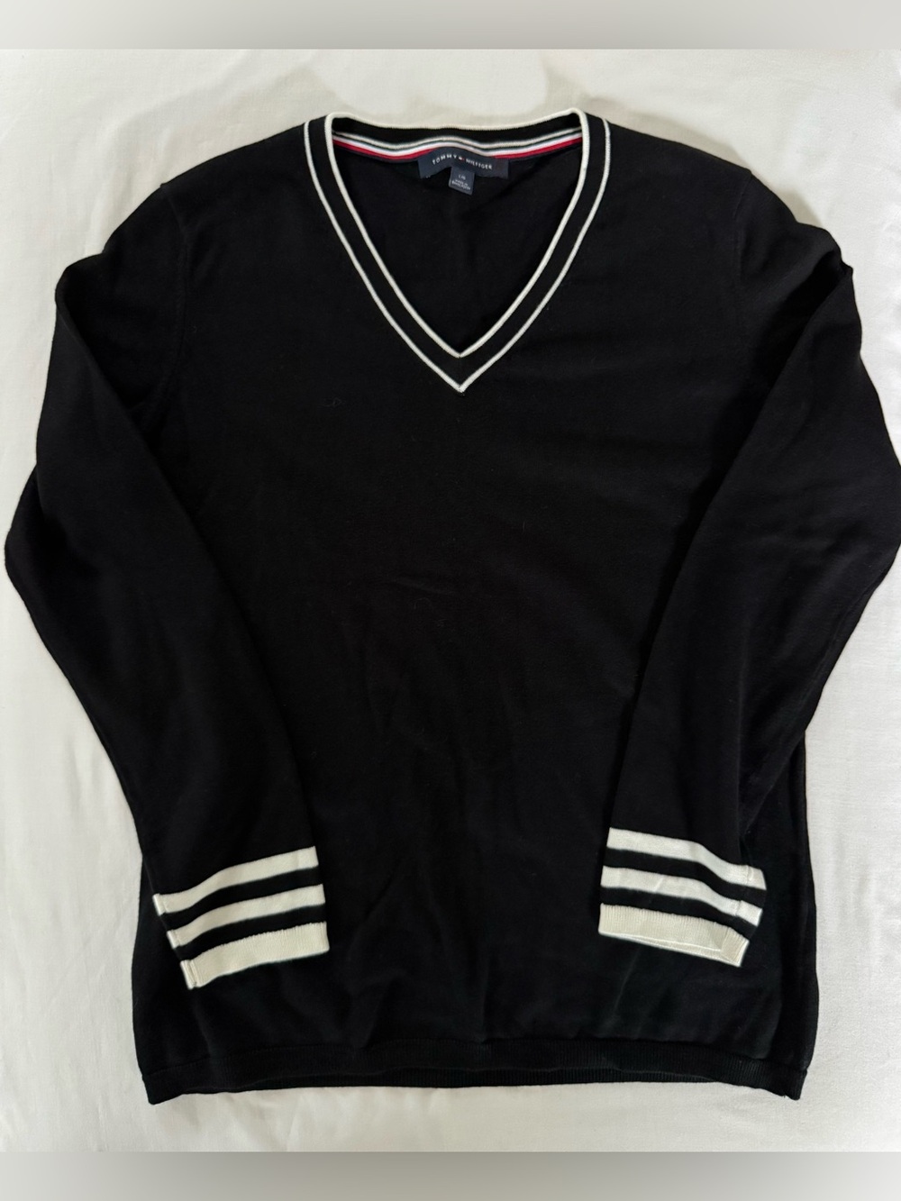 Tommy Hilfiger Black V-Neck Sweater with White Trim